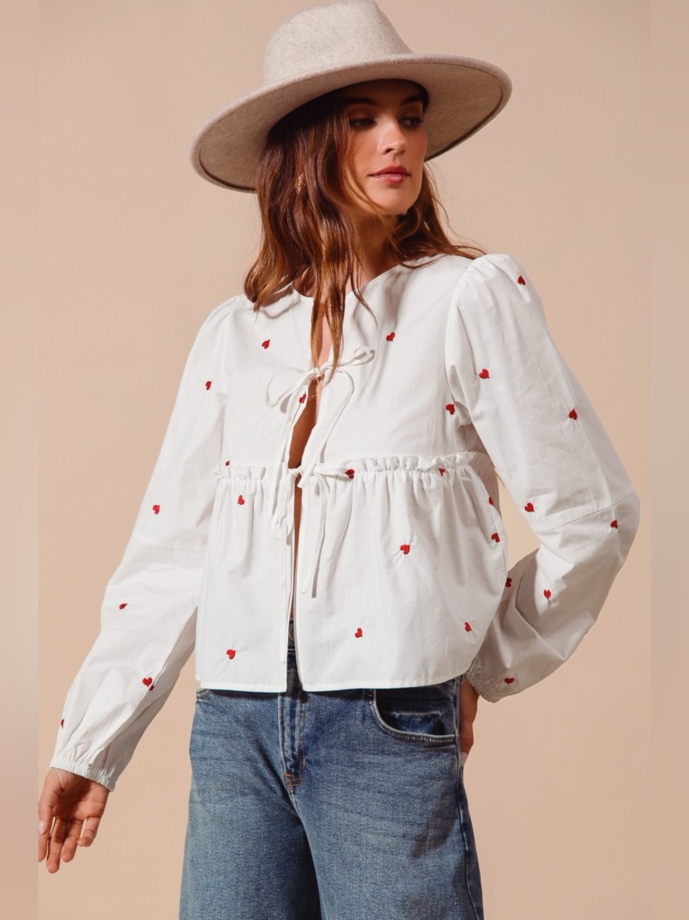 SO ME Front Tie Heart Embroidered Blouse With Puff Sleeve - Picture 4 of 11